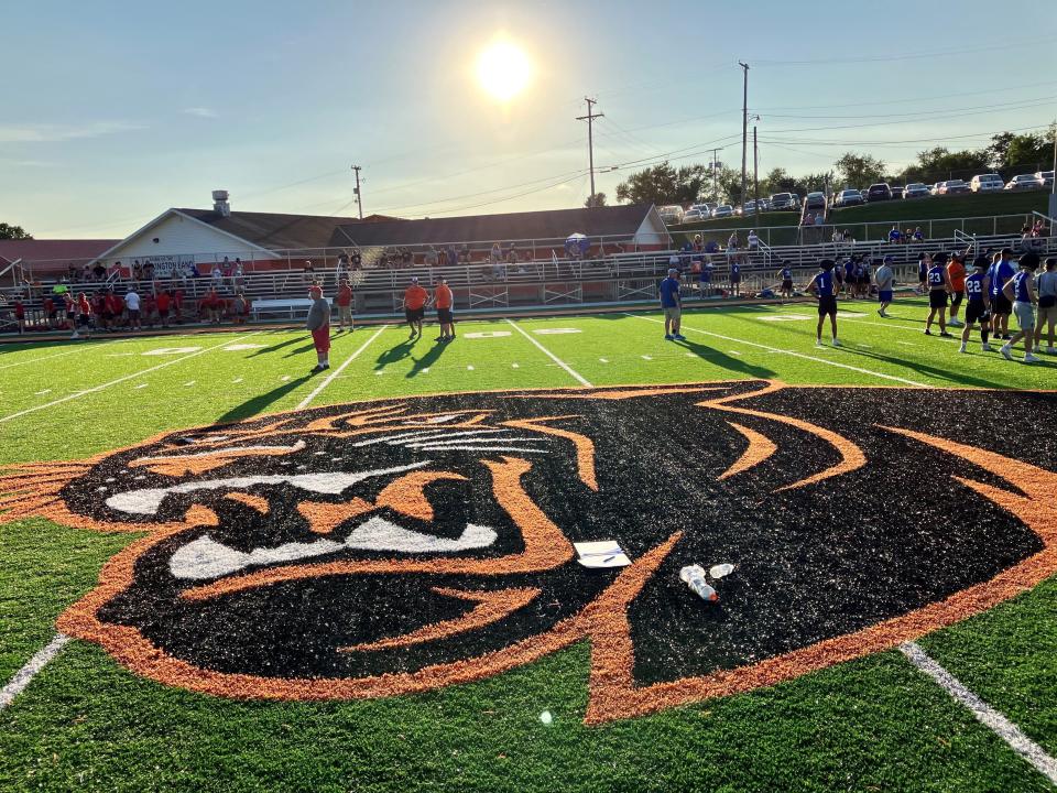 A new Panther logo sits at midfield on the new turf at Jim Rockwell Stadium in New Lexington. The Panthers were the first Muskingum Valley League team to receive FieldTurf in the late 2000s, but this is the first time the field surface has been replaced in that span.