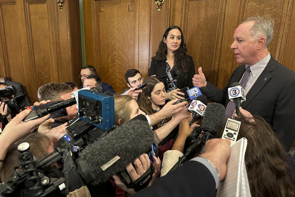 Wisconsin Republican Assembly Speaker Robin Vos reacts to Gov. Tony Evers' State of the State speech on Tuesday, Jan. 23, 2024, in Madison, Wis. (AP Photo/Scott Bauer)