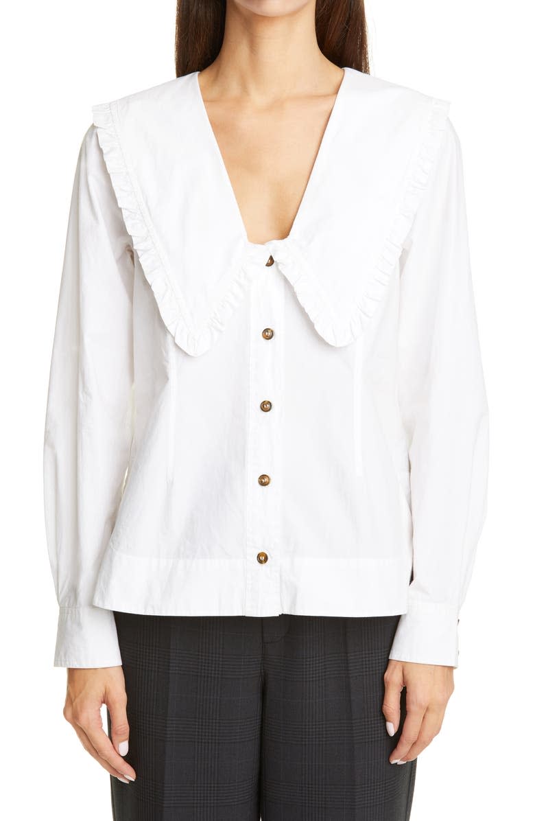 Ganni Ruffle Collar Cotton Poplin Shirt