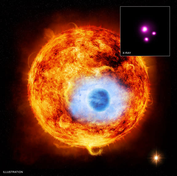 This graphic depicts HD 189733b, the first exoplanet caught passing in front of its parent star in X-rays. The inset contains the Chandra image of HD 189733.