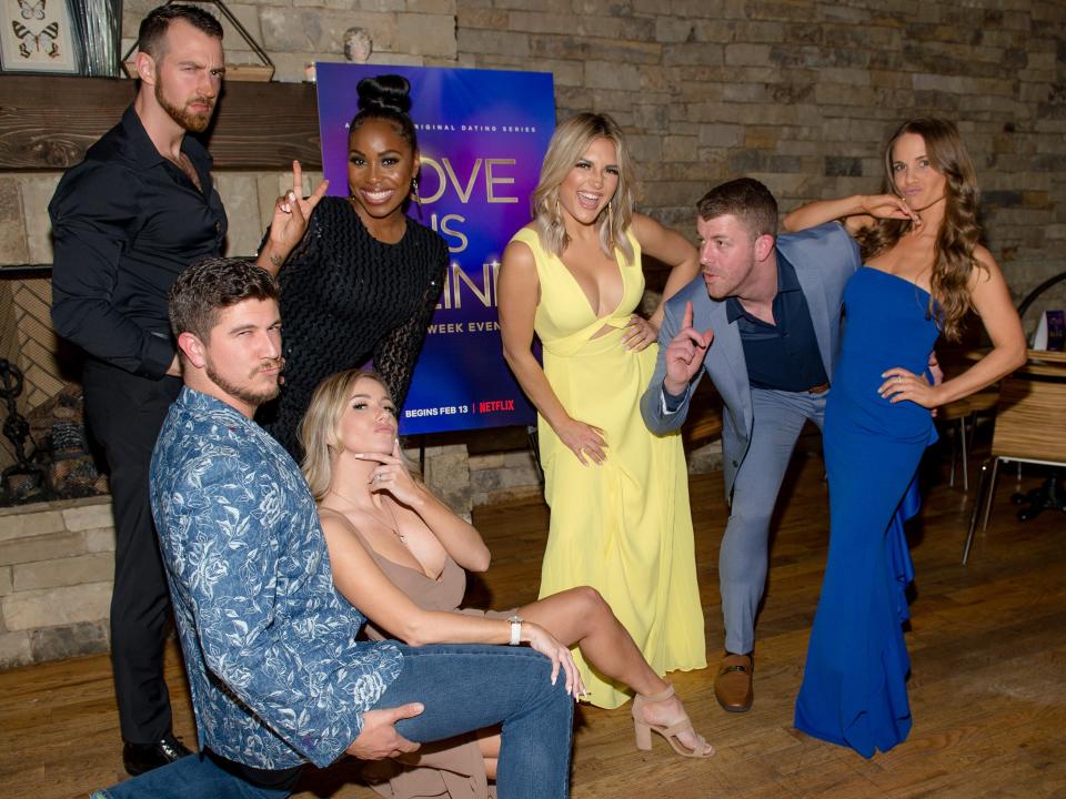 Matt Barnett, Amber Pike, Cameron Hamilton, Lauren Speed, Giannina Gibelli, Damian Powers, and Kelly Chase attend "Love is Blind" viewing party