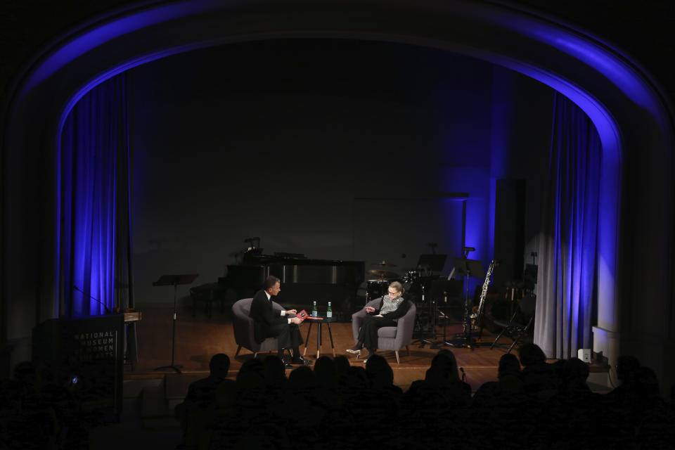 Supreme Court Justice Ruth Bader Ginsburg speaks with author Jeffrey Rosen at the National Constitution Center Americas Town Hall at the National Museum of Women in the Arts, Tuesday, Dec. 17, 2019 in Washington. (AP Photo/Steve Helber)