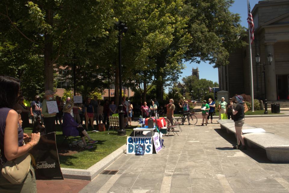 March Forward Quincy founder Melissa Schapero speaks to rally attendees about the ramifications of the Supreme Court's decision to overturn Roe v. Wade in Quincy on Saturday, June 25, 2022.