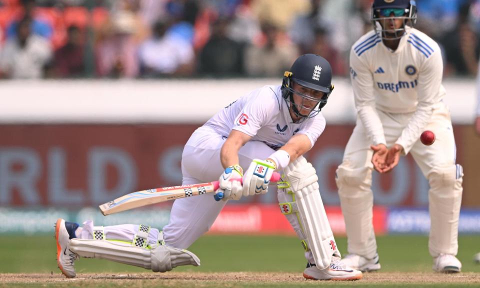 <span>Ollie Pope plays a reverse sweep, a key shot during his innings of 196 against India in the first Test in Hyderabad.</span><span>Photograph: Stu Forster/Getty Images</span>