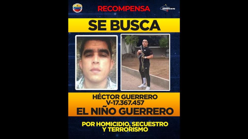 A wanted poster for Niño Guerrero, named by Venezuelan authorities as Tren de Aragua’s leader.