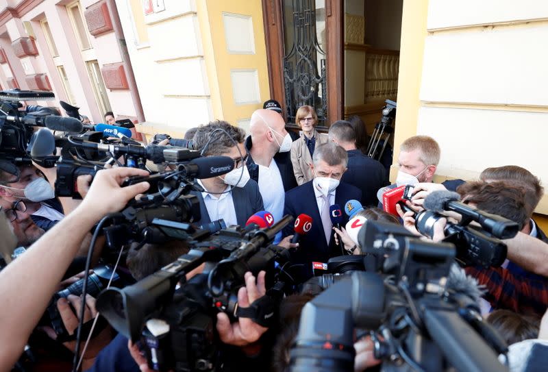 Czech Prime Minister and leader of ANO party, Babis, addresses the media in Lovosice