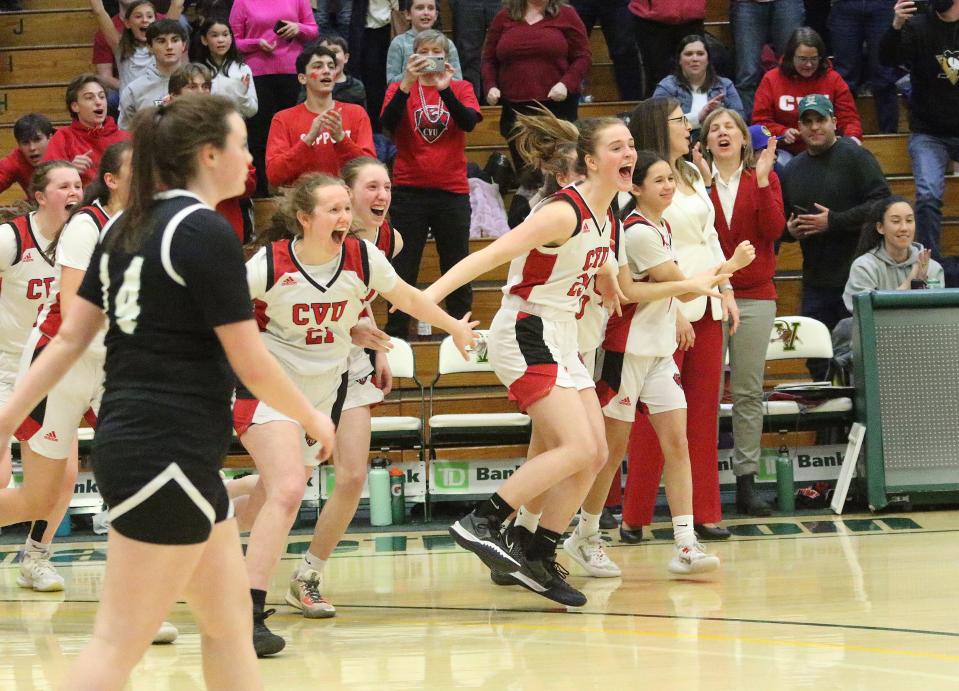 The CVU bench storms the court after their 43-29 win over St Johnsbury in the D1 State Championship game on Friday night at UVM's Patrick Gym.