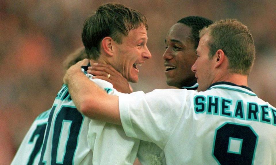 Teddy Sheringham celebrates with Paul Ince and Alan Shearer after scoring in England’s win over the Netherlands at Euro 96.
