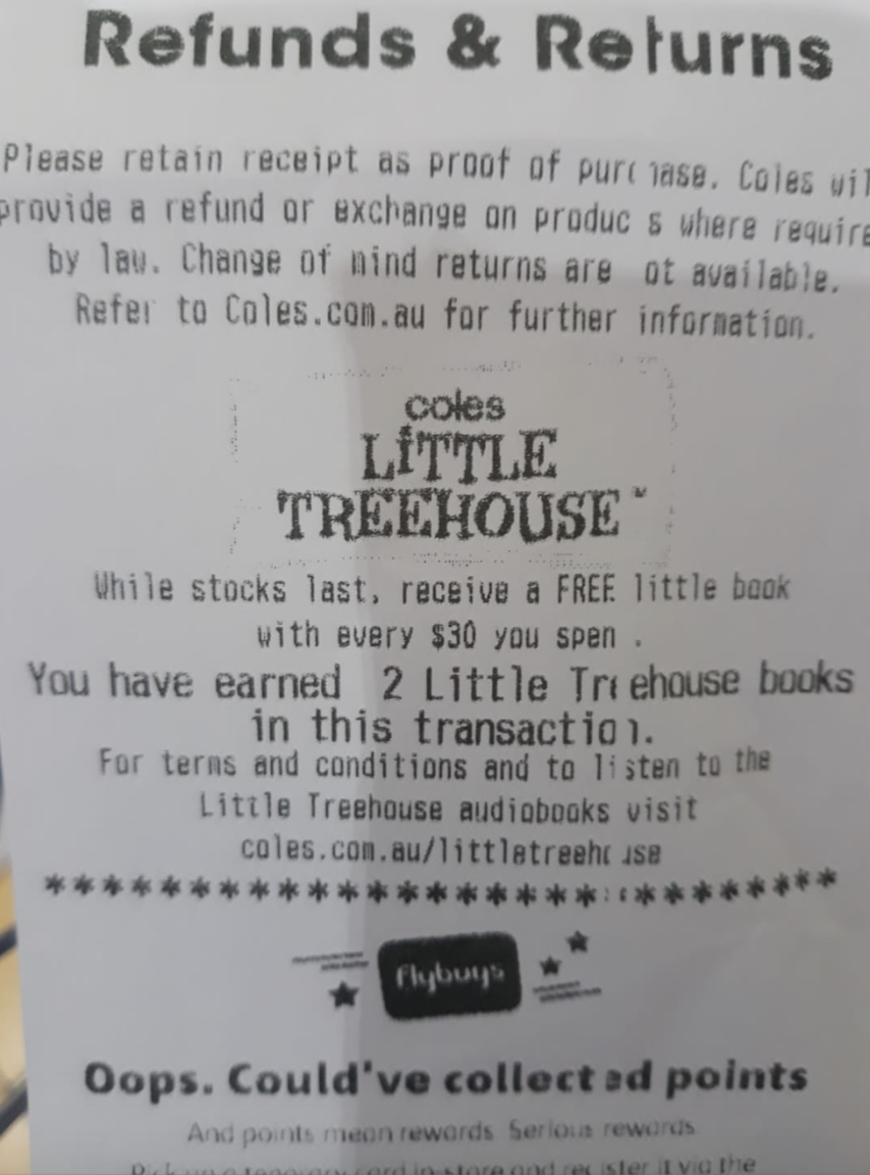 Photo shows a Coles receipt saying Little Treehouse books were available while stocks lasted.