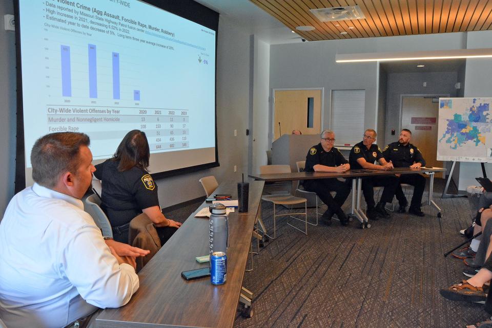 Columbia Police Department personnel discuss crime trends in June 2023 with the public. Officers noted that violent crime was down in the first half of 2023, but there still was a three-year trend of violent crime increases.