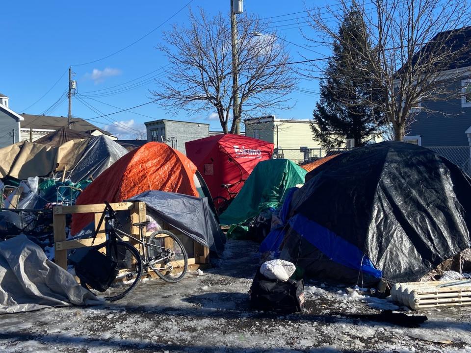 A tent encampment between Waterloo and Exmouth streets in Saint John on Jan. 18, 2024. 