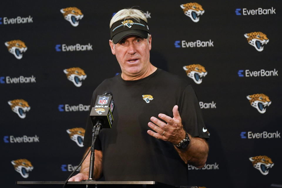 Jacksonville Jaguars head coach Doug Pederson answers questions at a news conference after an NFL football game against the Carolina Panthers, Sunday, Dec. 31, 2023, in Jacksonville, Fla. (AP Photo/John Raoux)