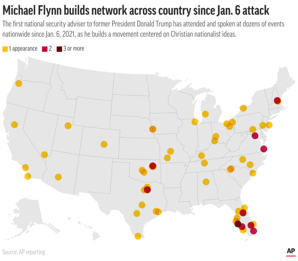 Former President Donald Trump's first national security adviser, Michael Flynn, is building a movement centered on Christian nationalist ideas. He has attended and spoken at dozens of events nationwide throughout 2021 and 2022.