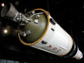 The third stage of a historic Saturn V moon rocket as seen before it was damaged by gunshots on May 3, 2012 at the U.S. Space & Rocket Center in Huntsville, Alabama.