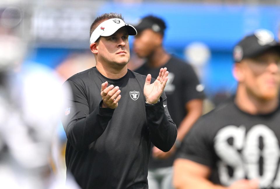 Sep 11, 2022; Inglewood, California, USA; Las Vegas Raiders head coach Josh McDaniels on the field prior for the game against the Los Angeles Chargers at SoFi Stadium. Mandatory Credit: Jayne Kamin-Oncea-USA TODAY Sports