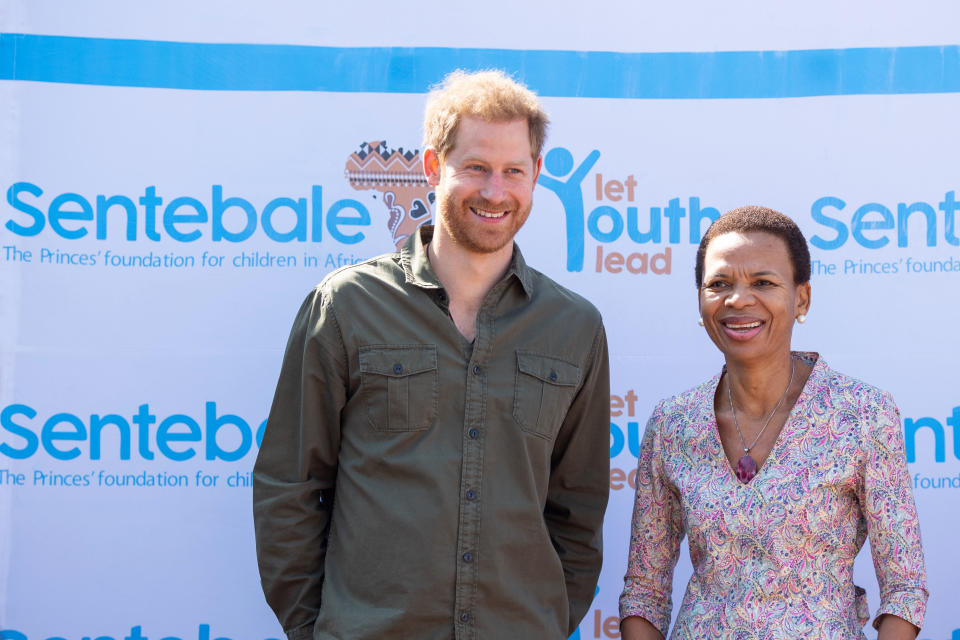 CHOBE NATIONAL PARK, BOTSWANA - SEPTEMBER 26: Prince Harry, Duke of Sussex with head of programmes for Sentebale Botswana, Ketlogetswe Montshiwa during a visit to the Kasane Health Post, run by the Sentebale charity, in Kasane on day four of their tour of Africa on September 26, 2019 in Chobe National Park, Botswana. (Photo by Dominic Lipinski - Pool /Getty Images)