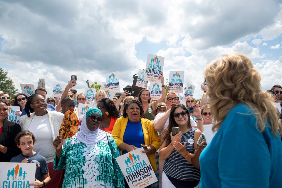 Rep. Gloria Johnson, D- Knoxville, looks to her supporters gathered behind her before announcing her run for U.S. Senate in 2024 at the Tennessee Woman Suffrage Monument Centennial Park in Nashville, Tenn., Tuesday, Sept. 5, 2023.