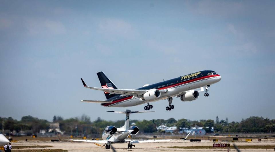 Former President Donald Trump’s private plane takes off from Palm Beach International Airport in West Palm Beach, Florida, on April 3, 2023.