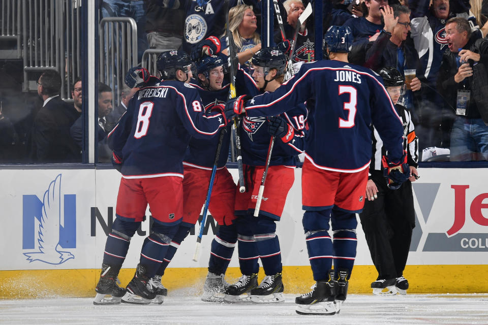 COLUMBUS, OH – APRIL 14: Matt Duchene #95 of the Columbus Blue Jackets celebrates a goal against the Tampa Bay Lightning with teammates Zach Werenski #8, Ryan Dzingel #19 and Seth Jones #3 in Game Three of the Eastern Conference First Round during the 2019 NHL Stanley Cup Playoffs on April 14, 2019 at Nationwide Arena in Columbus, Ohio. (Photo by Jamie Sabau/NHLI via Getty Images)