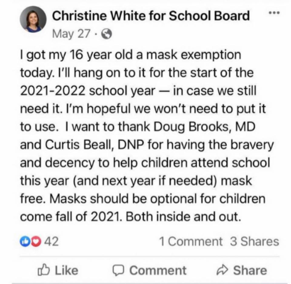 A screenshot of a now-deleted Facebook post by Christine White, a Johnson County physician who said she got a mask exemption for her teenager. White is a candidate for the Blue Valley school board.