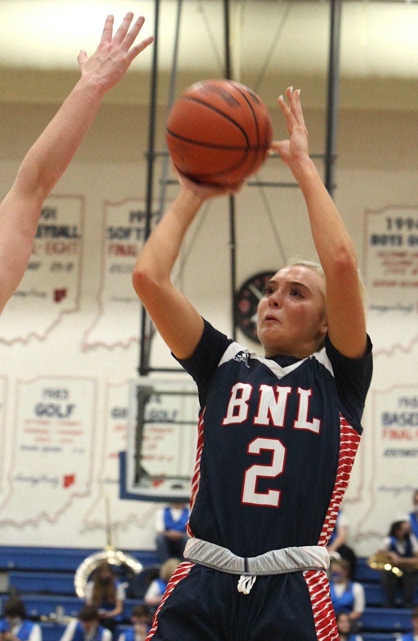 BNL sophomore Chloe Spreen scored 10 of her 14 points in the fourth quarter to help the Lady Stars defeat New Albany, 58-45, Saturday afternoon.