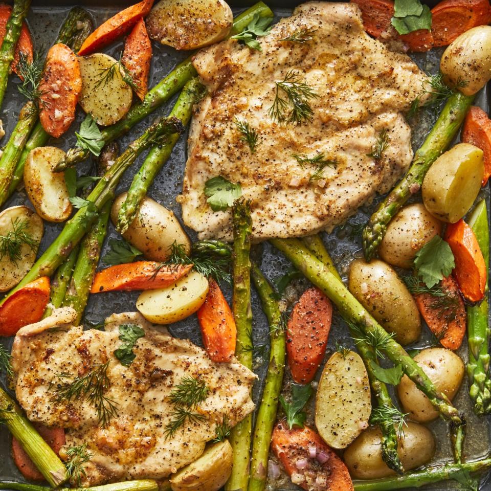 <p>In this chicken and asparagus recipe, we use one baking sheet to whip up dinner quickly, veggies included. Pounding the chicken thin helps it cook quickly alongside the carrots and potatoes, with asparagus rounding out the meal. This is one quick dinner recipe you'll be returning to again and again. <a href="https://www.eatingwell.com/recipe/278009/one-pan-chicken-asparagus-bake/" rel="nofollow noopener" target="_blank" data-ylk="slk:View Recipe;elm:context_link;itc:0;sec:content-canvas" class="link ">View Recipe</a></p>