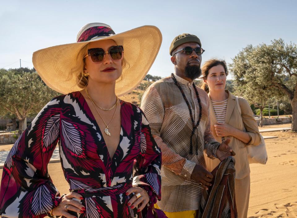 Kate Hudson (left) stars alongside Leslie Odom Jr. and Kathryn Hahn in the new "Knives Out" sequel.