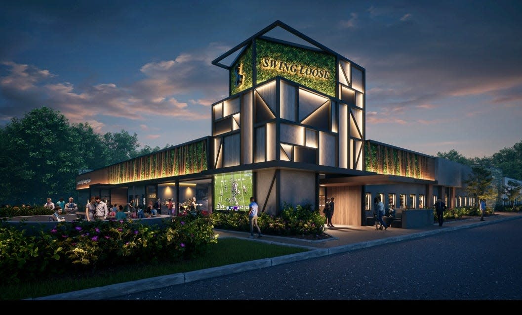 Rendering of Swing Loose Golf, a restaurant and lounge and indoor golf facility.