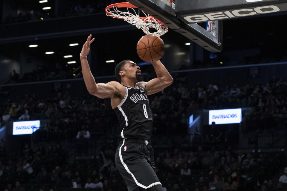 Brooklyn Nets guard Spencer Dinwiddie dunks during the second half of an exhibition NBA basketball game against the Sesi/Franca Basketball Club, Friday, Oct. 4, 2019, in New York. The Nets won 137-89. (AP Photo/Mary Altaffer)