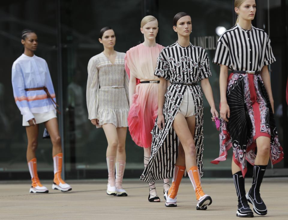 Fashion from Longchamp is modeled Saturday, Sept. 7, 2019, in New York. (AP Photo/Frank Franklin II)