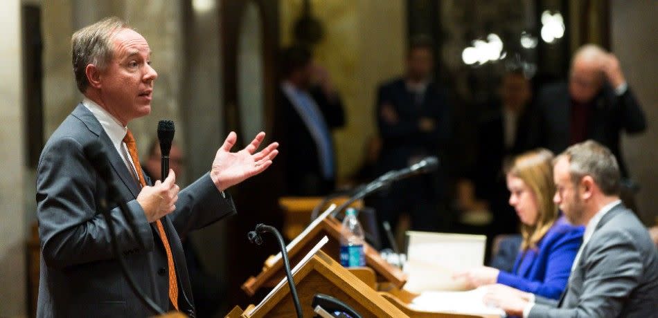 Speaker of the Wisconsin Assembly Robin Vos talks on the floor of that legislative body.