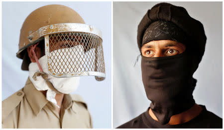 A combination picture shows a 23-year-old police officer (L) and a 23-year-old student and stone pelter who both asked to remain anonymous, as they pose for portraits in Kashmir, India, in photos taken May 19, and May 18, 2017. REUTERS/Cathal McNaughton