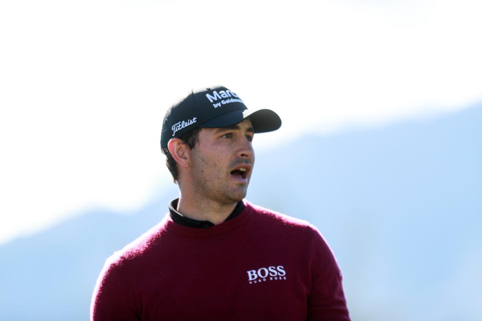 Patrick Cantlay reacts after teeing off on the 10th hole at the Stadium Course during the American Express at PGA West in La Quinta, Calif. on Sunday, January 24, 2021. Cantlay finished second by a shot.