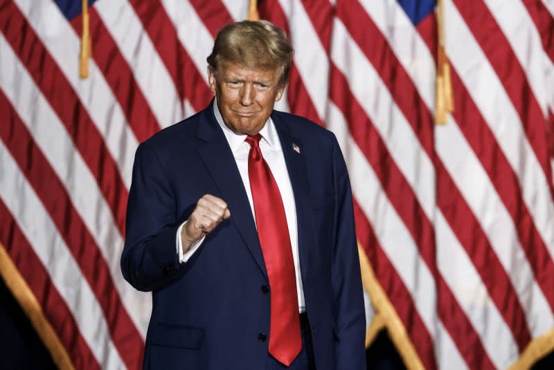 Former President Donald J. Trump celebrates his win in the 2024 Iowa Caucus at the Iowa Events Center in Des Moines on Monday. Next up in the race for the White House will be the New Hampshire primary. Photo by Tannen Maury/UPI