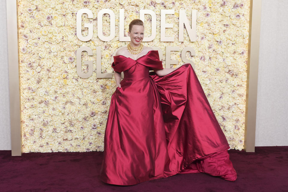 Alma Poysti arrives at the 81st Golden Globe Awards on Sunday, Jan. 7, 2024, at the Beverly Hilton in Beverly Hills, Calif. (Photo by Jordan Strauss/Invision/AP)