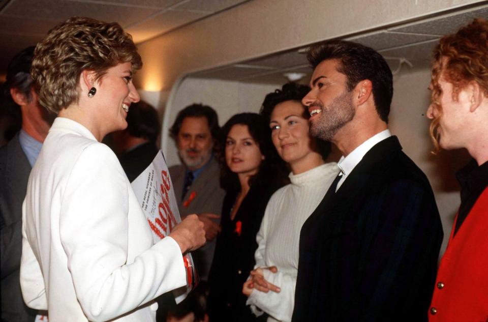 <p>At the same event, Princess Diana first met George Michael, and the pair became <a href="https://www.tatler.com/gallery/princess-diana-famous-celebrity-friends-elton-john-liza-minnelli" rel="nofollow noopener" target="_blank" data-ylk="slk:close friends;elm:context_link;itc:0;sec:content-canvas" class="link ">close friends</a> in the following years. The singer opted for a low-key black suit and white collared shirt for their first meeting.</p>