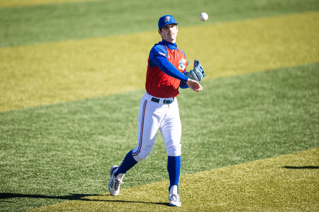 Kansas baseball player Collier Cranford practices at Hoglund Ballpark in Lawrence.