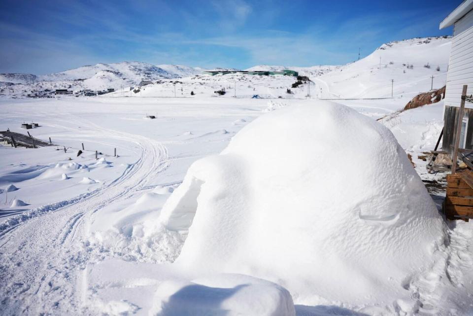 The igloo in Hopedale is on the shores of Hopedale Harbour and lasts until the warm temperatures melt the snow that holds it together. 