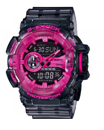 <p>A throwback to the decade that launched it, this model from G-Shock's Super Clear Skeleton Series combines a smoky grey case with a fluoro pink dial. The watch face illuminates automatically when you tilt your wrist upwards.</p><p><a class="link " href="https://www.timeshop24.com/casio-ga-400sk-1a4er-g-shock.html" rel="nofollow noopener" target="_blank" data-ylk="slk:SHOP;elm:context_link;itc:0;sec:content-canvas">SHOP</a></p><p>£129, g-shock.co.uk</p>