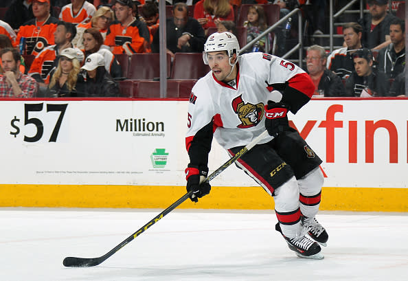 PHILADELPHIA, PA - APRIL 02: Cody Ceci #5 of the Ottawa Senators skates against the Philadelphia Flyers on April 2, 2016 at the Wells Fargo Center in Philadelphia, Pennsylvania. (Photo by Len Redkoles/NHLI via Getty Images)