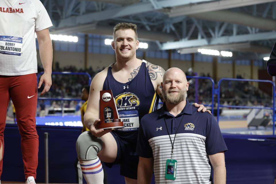 New Kent State University Nathan Fanger, right, with athlete Jake Wickey at the 2022 NCAA Indoor Track and Field Championships in Birmingham, Ala., on March 11, 2022.