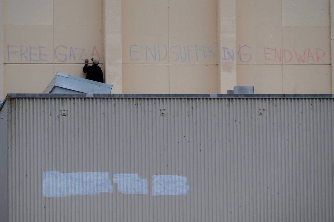 “Free Gaza” writes a protester on the wall of a campus building on Tuesday at Cal Poly Humboldt, where demonstrators have locked themselves inside an administrative building. Paul Kitagaki Jr./pkitagaki@sacbee.com