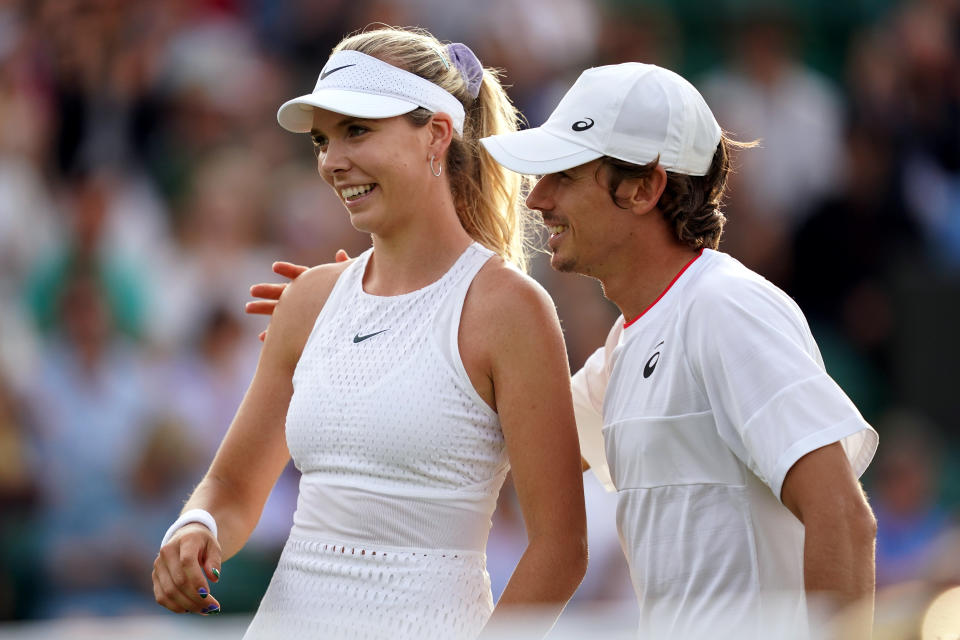 Katie Boulter and Alex De Minaur laugh.