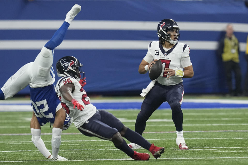 Houston Texans quarterback C.J. Stroud (7) prepares to throw a pass against the Indianapolis Colts during the first half of an NFL football game Saturday, Jan. 6, 2024, in Indianapolis. (AP Photo/Darron Cummings)