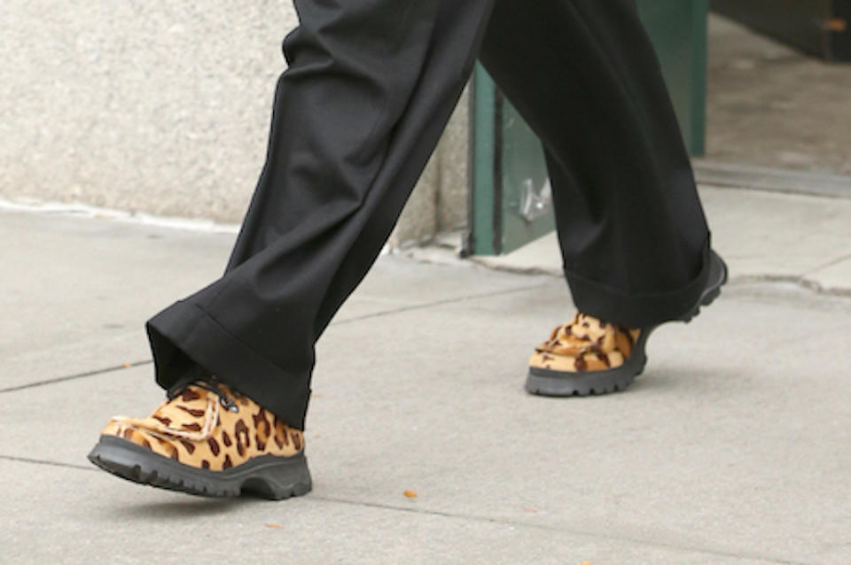 A closer look at Bella Hadid’s leopard print shoes. - Credit: SplashNews.com