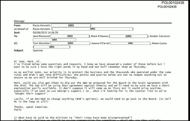 n email from former Post Office boss Paula Vennells to Alisdair Cameron, Mark Davies and Jane MacLeod, which was shown during the evidence