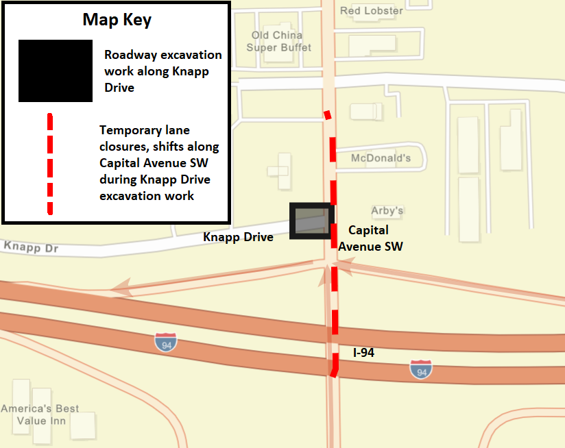 The southbound lanes of Capital Avenue SW will be closed at Knapp Drive beginning at 7 p.m. Friday as city crews work to determine the cause of a reoccurring sinkhole.