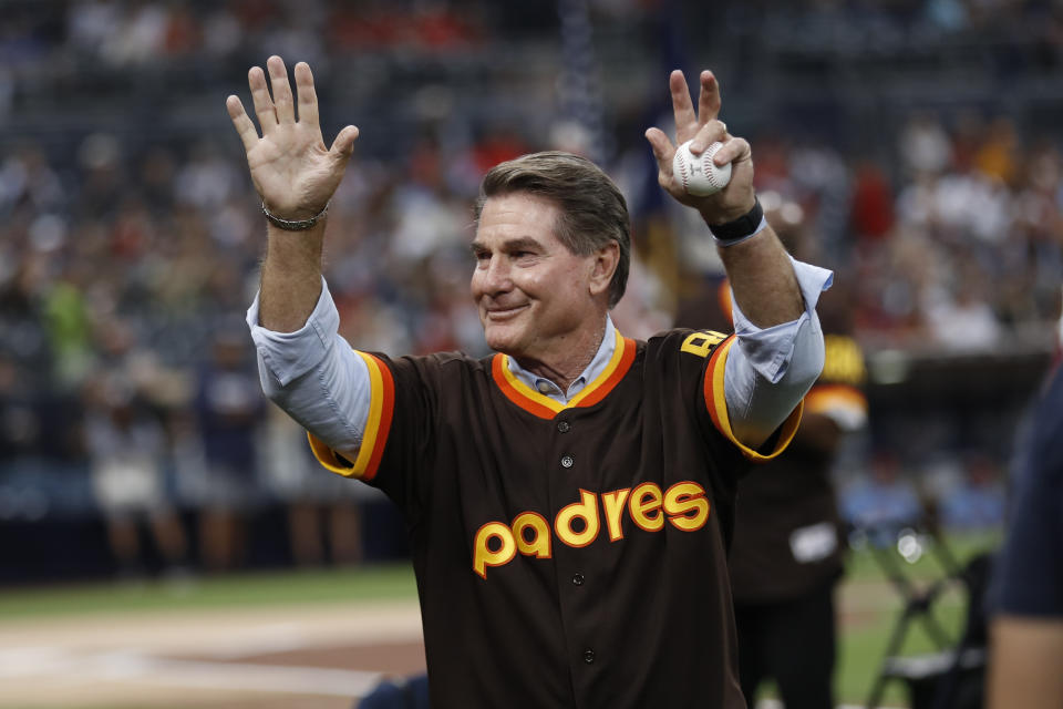 FILE - Former San Diego Padres player Steve Garvey waves before a baseball game against the St. Louis Cardinals on June 29, 2019, in San Diego. The candidacy for the U.S. Senate of former California baseball star Garvey has brought a splash of celebrity to the race that has alarmed his Democratic rivals and tugged at the state's political gravity. (AP Photo/Gregory Bull, File)