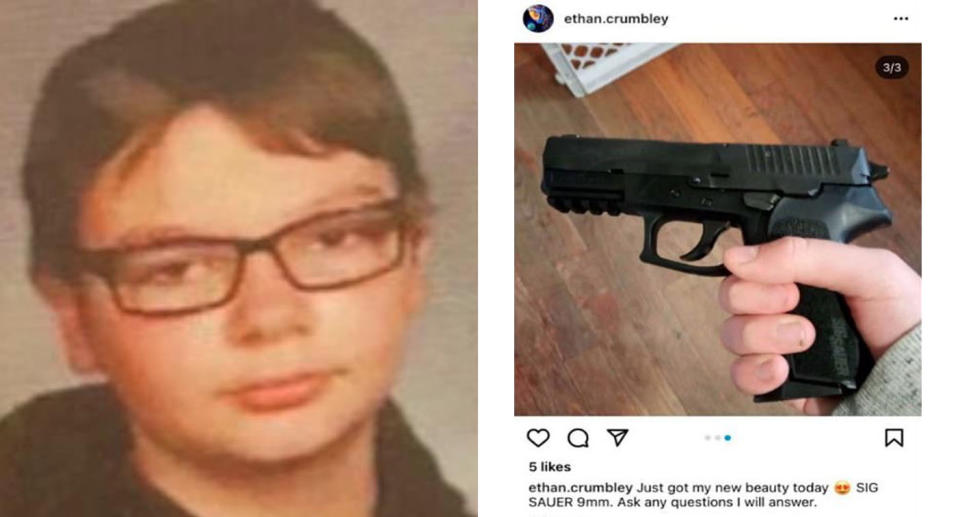 (Left) A photo of Ethan Crumbley, 15, who is charged with killing four students and injuring seven others when he allegedly opened fire at Oxford High School. (Right) An instagram post showing a gun he made just days before the shooting. Source: Facebook/Instagram