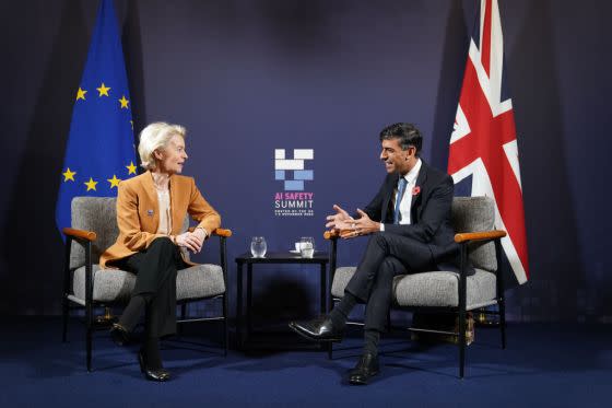 Prime Minister Rishi Sunak meets with President of the European Commission Ursula von der Leyen during the AI safety summit, the first global summit on the safe use of artificial intelligence, at Bletchley Park on Nov. 2, 2023 in Bletchley, England. <span class="copyright">Joe Giddens—WPA Pool/Getty Images</span>
